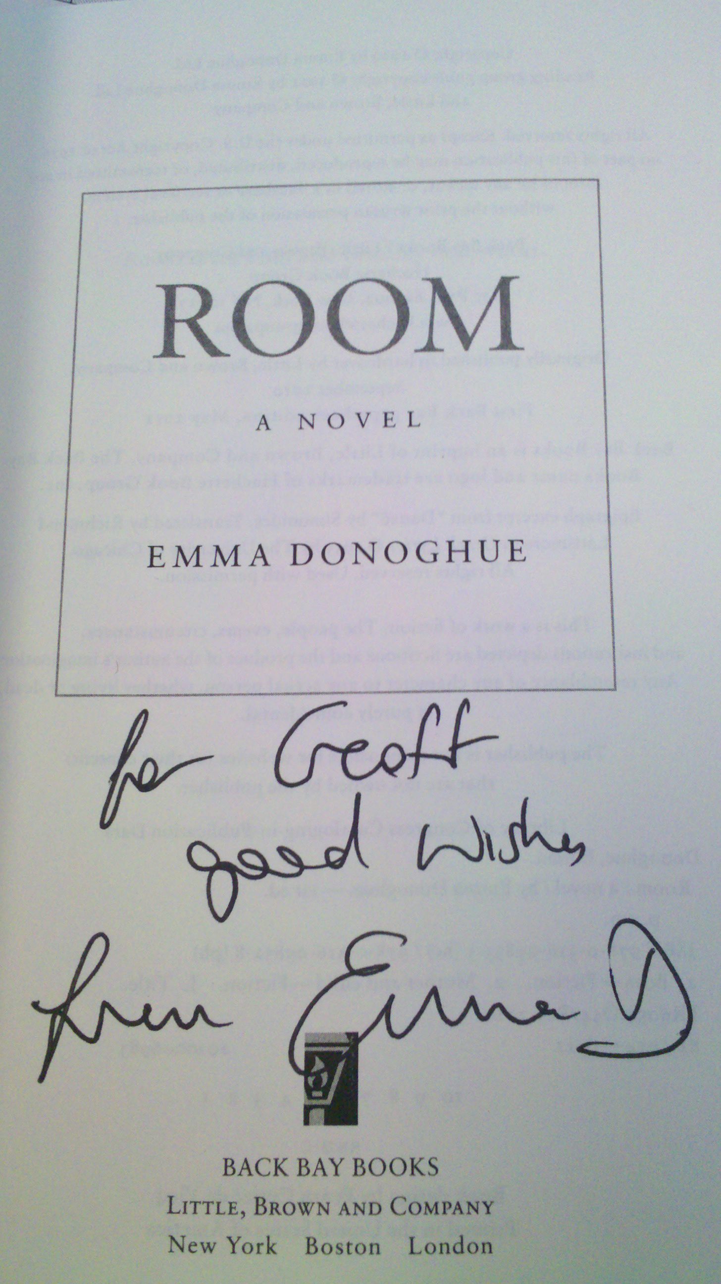 Title page of "Room" signed by Emma Donoghue