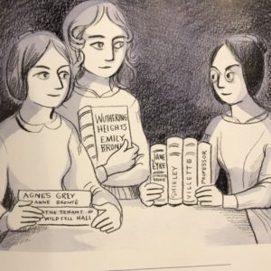 photo of illustration from book of Anne, Emily and Charlotte Brontë with their published works