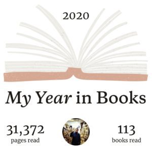 Goodreads year in review showing open book with total pages read (31,372) and total books read (113) in 2020