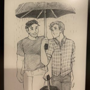 photo of a kindle with a drawing on it, two men under an umbrella gazing at each other, on the left the man in a t-shirt and khakis carrying a cat carrier, the right the man holding the umbrella in jeans and a plaid shirt